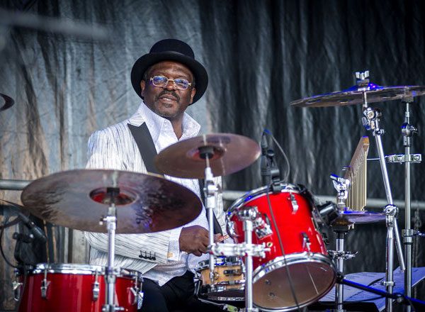 Drummer Jordan from Ghana performs at the Victory Music Night with the 'Opera Pop' duo Dust of Soul